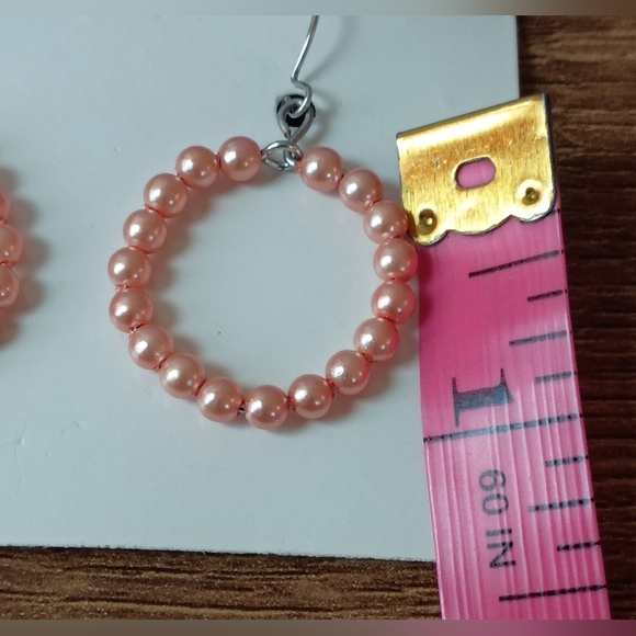 Coquette Pink Faux Pearl Beaded Dangle Hoop Drop Earrings Silver Tone - Picture 4 of 6